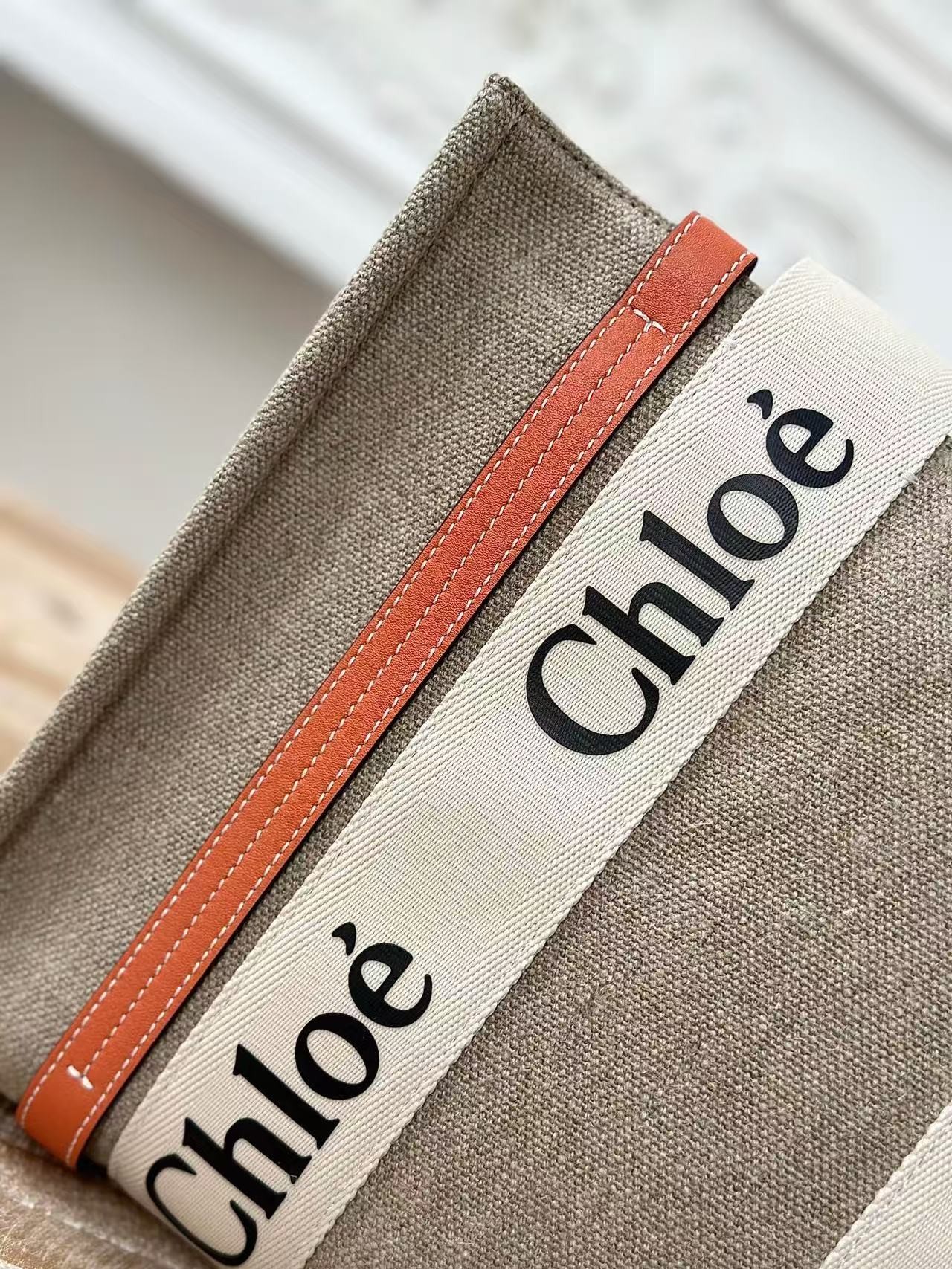 「#3664」Chloe Woody linen pure cotton canvas and glossy crust, orange casual bag Small: 26.5*20*8cm