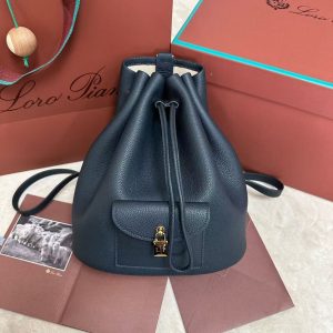 「#3594」loro piana extra dark blue imported cowhide drawstring backpack, size: 25*27*14cm