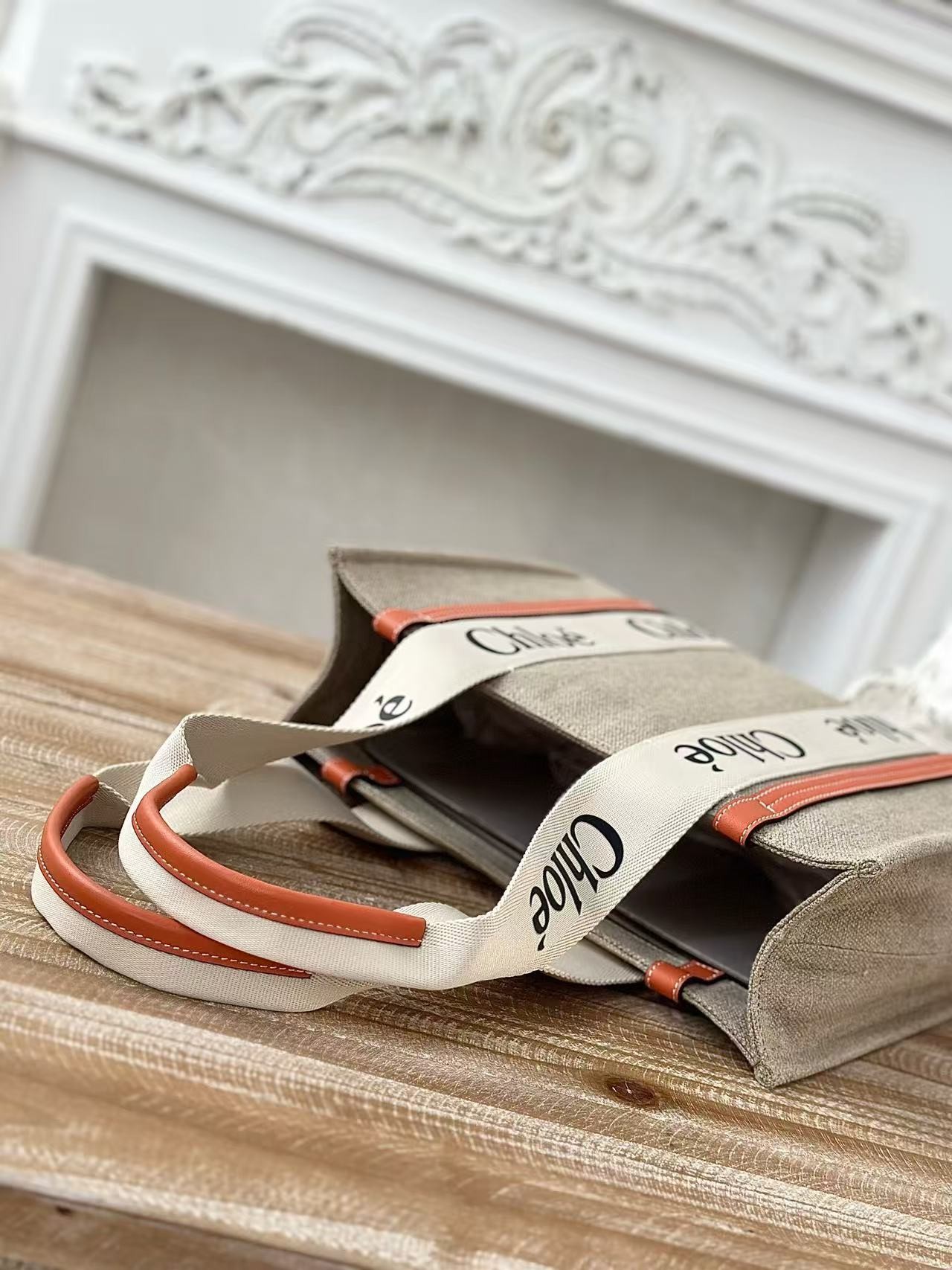 「#3665」Chloe Woody linen pure cotton canvas and glossy small dough, orange casual bag Medium size: 37*26*12