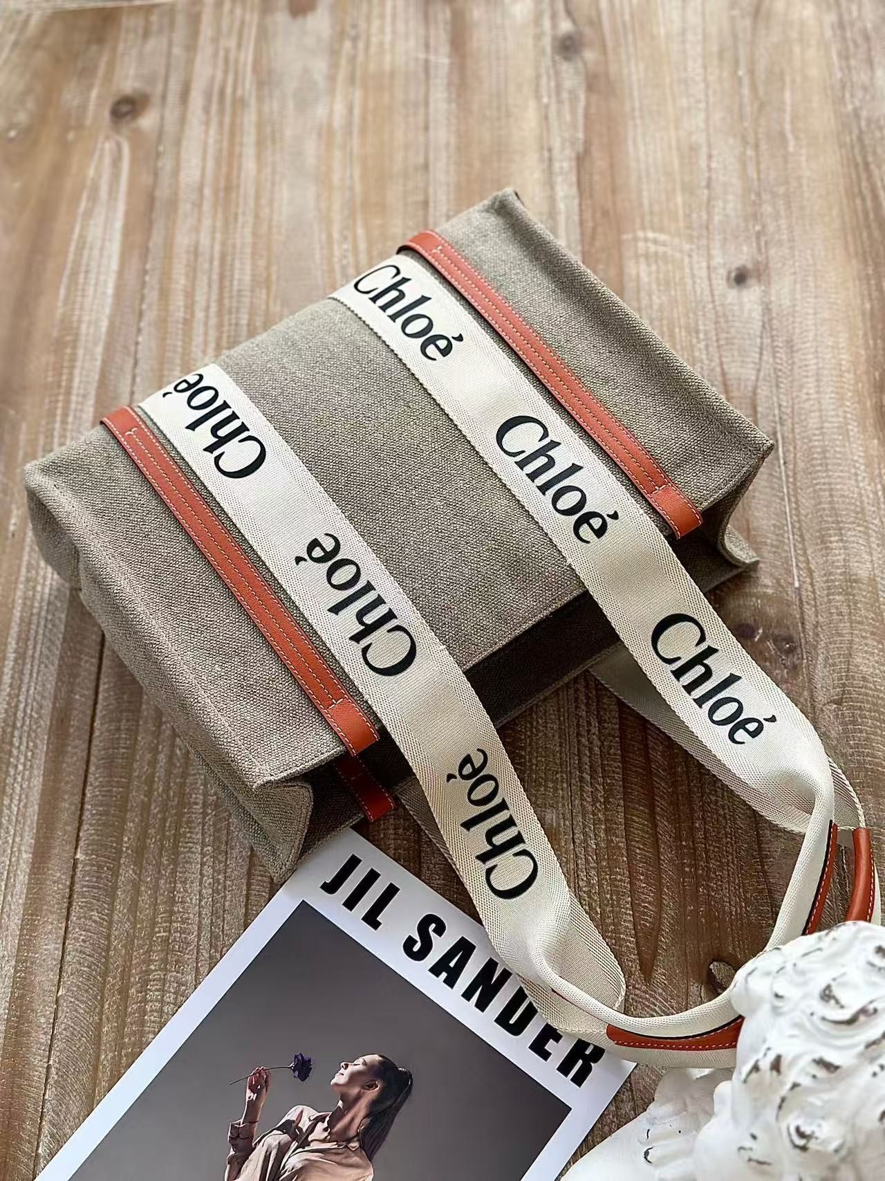 「#3665」Chloe Woody linen pure cotton canvas and glossy small dough, orange casual bag Medium size: 37*26*12