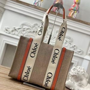 「#3664」Chloe Woody linen pure cotton canvas and glossy crust, orange casual bag Small: 26.5*20*8cm