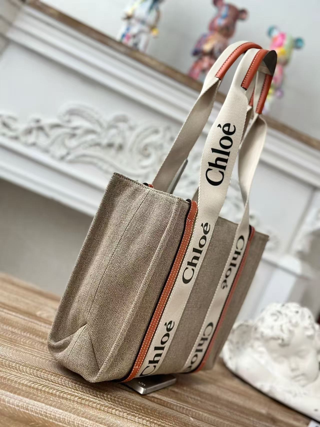「#3664」Chloe Woody linen pure cotton canvas and glossy crust, orange casual bag Small: 26.5*20*8cm