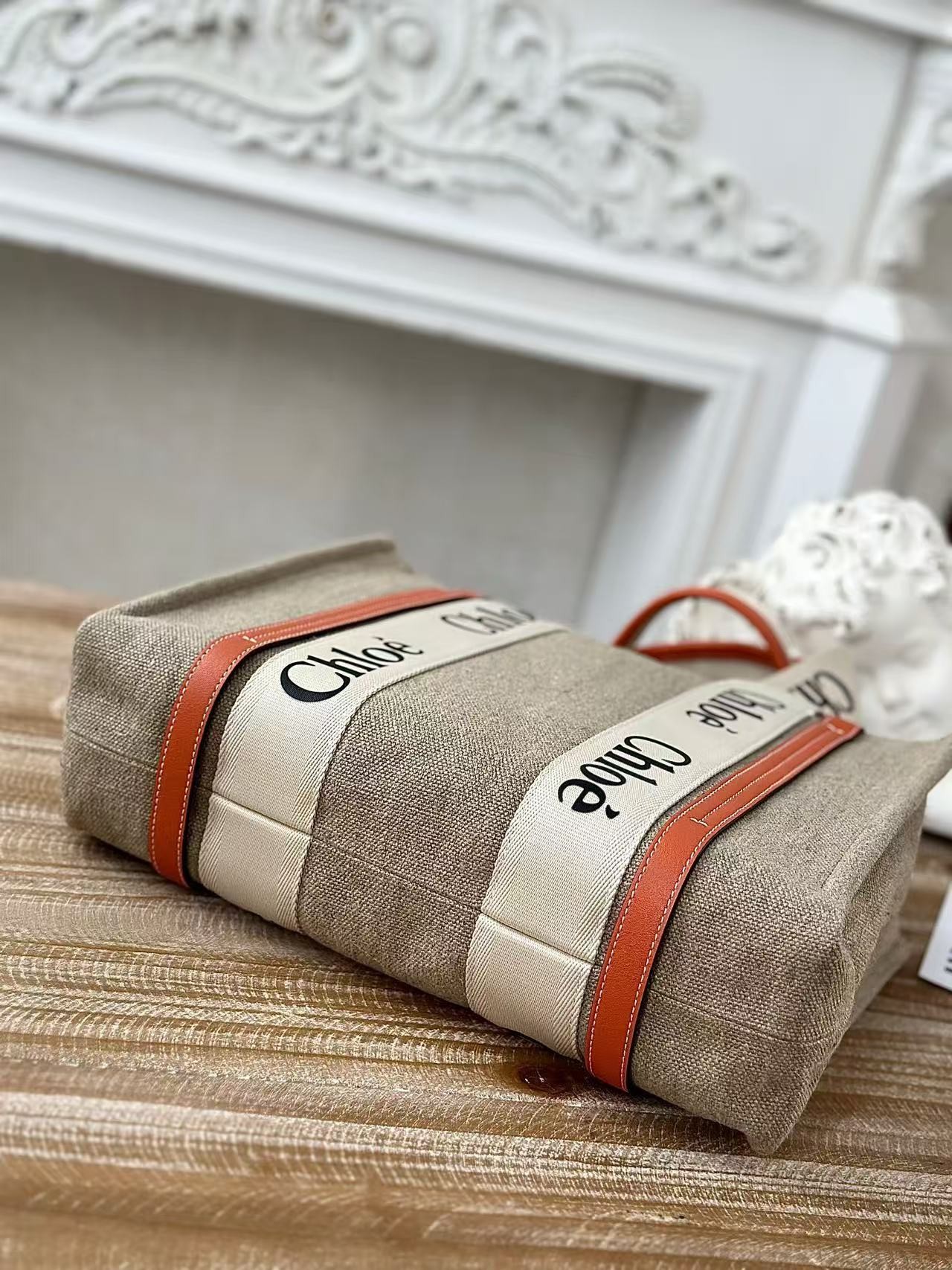 「#3664」Chloe Woody linen pure cotton canvas and glossy crust, orange casual bag Small: 26.5*20*8cm